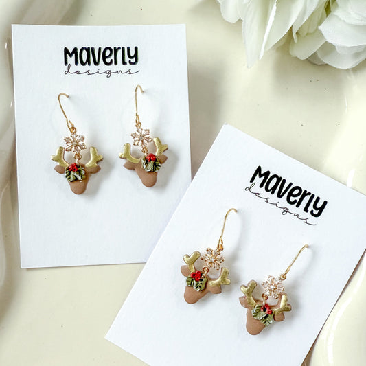 Reindeer Head with Snowflake Connector Dangle Earrings - One Pair - November 2025