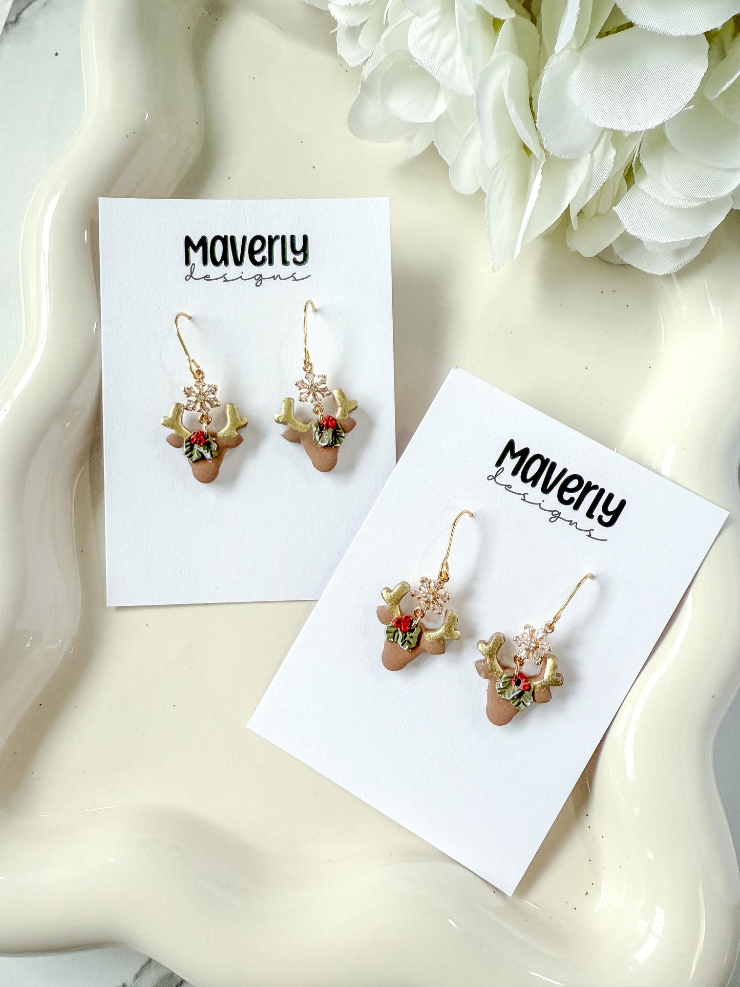 Reindeer Head with Snowflake Connector Dangle Earrings - One Pair - November 2025