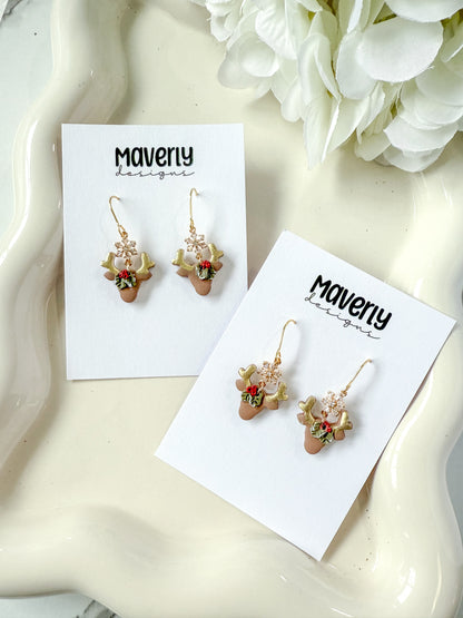 Reindeer Head with Snowflake Connector Dangle Earrings - One Pair - November 2025