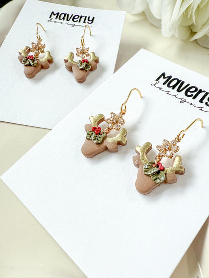 Reindeer Head with Snowflake Connector Dangle Earrings - One Pair - November 2025