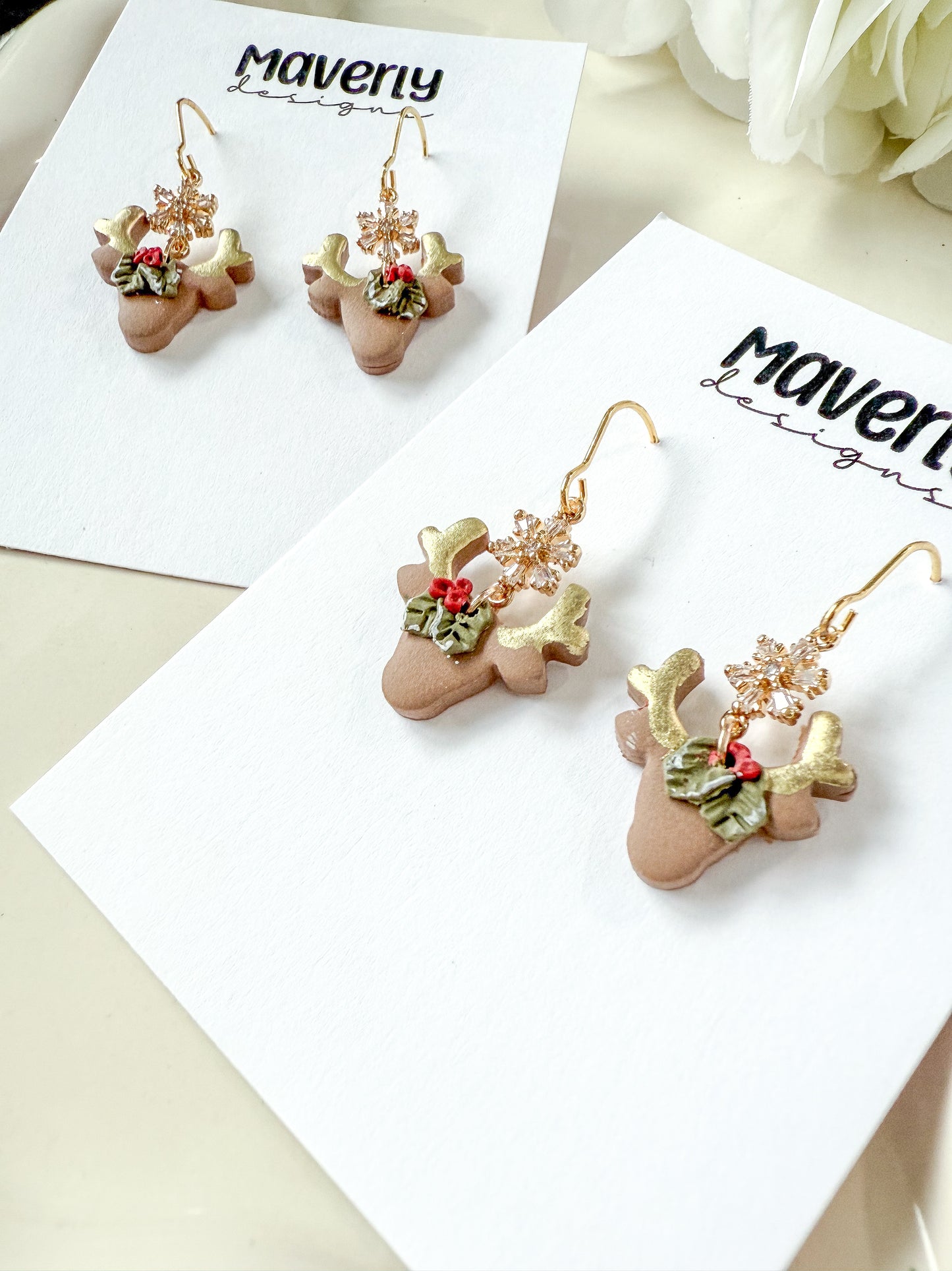Reindeer Head with Snowflake Connector Dangle Earrings - One Pair - November 2025