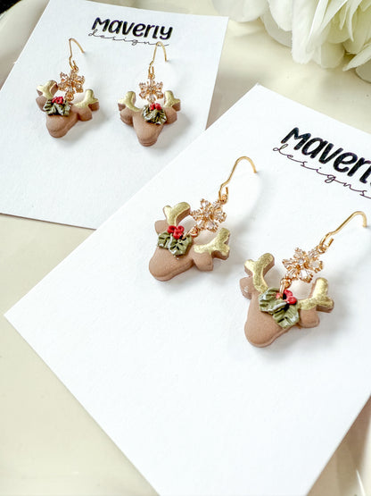 Reindeer Head with Snowflake Connector Dangle Earrings - One Pair - November 2025