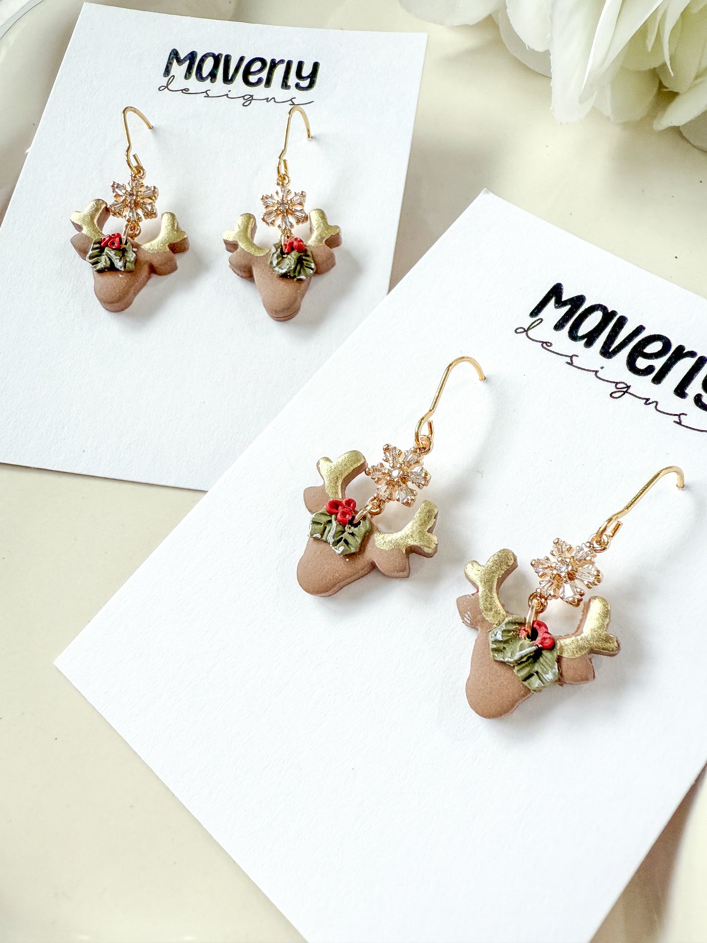 Reindeer Head with Snowflake Connector Dangle Earrings - One Pair - November 2025