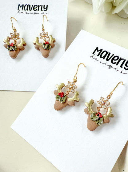 Reindeer Head with Snowflake Connector Dangle Earrings - One Pair - November 2025