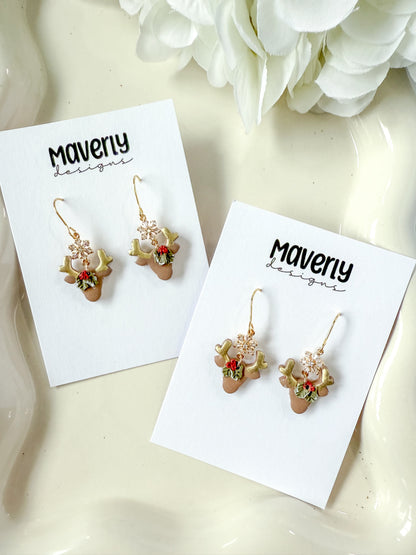 Reindeer Head with Snowflake Connector Dangle Earrings - One Pair - November 2025