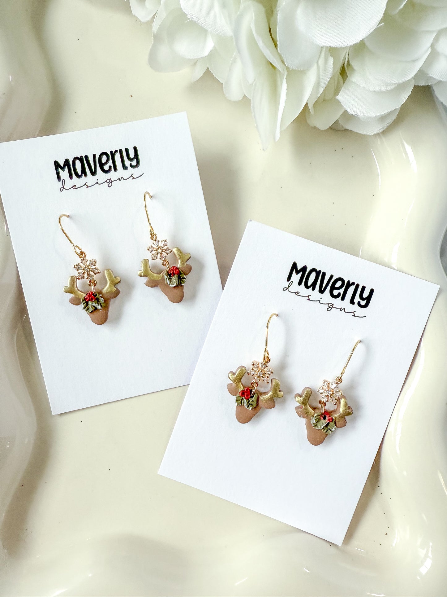 Reindeer Head with Snowflake Connector Dangle Earrings - One Pair - November 2025