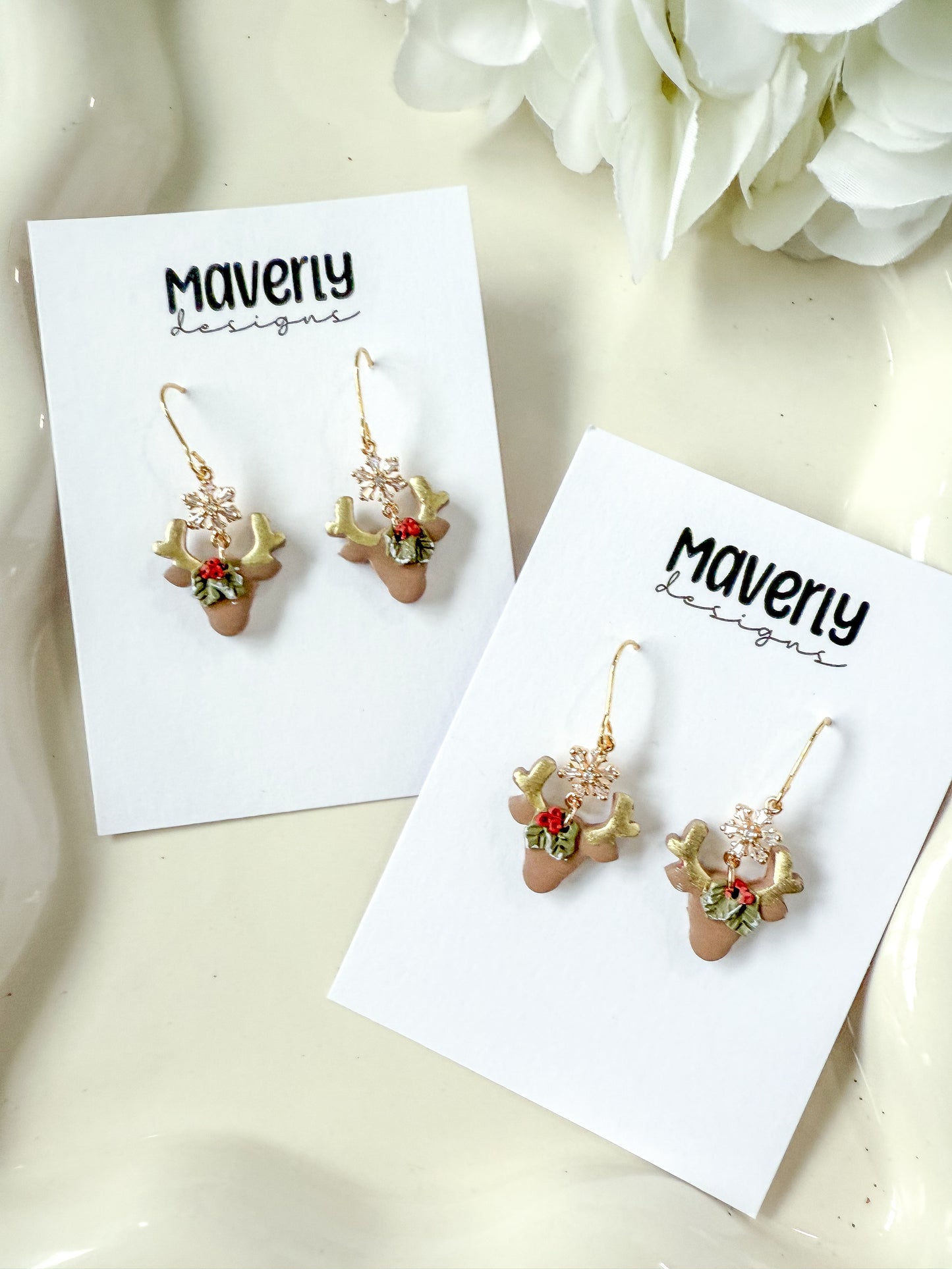 Reindeer Head with Snowflake Connector Dangle Earrings - One Pair - November 2025