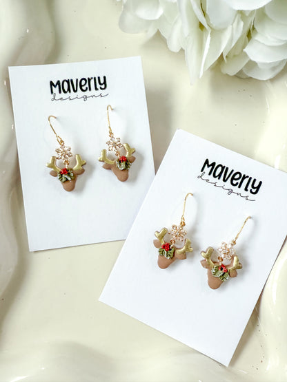 Reindeer Head with Snowflake Connector Dangle Earrings - One Pair - November 2025
