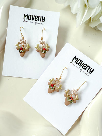Reindeer Head with Snowflake Connector Dangle Earrings - One Pair - November 2025