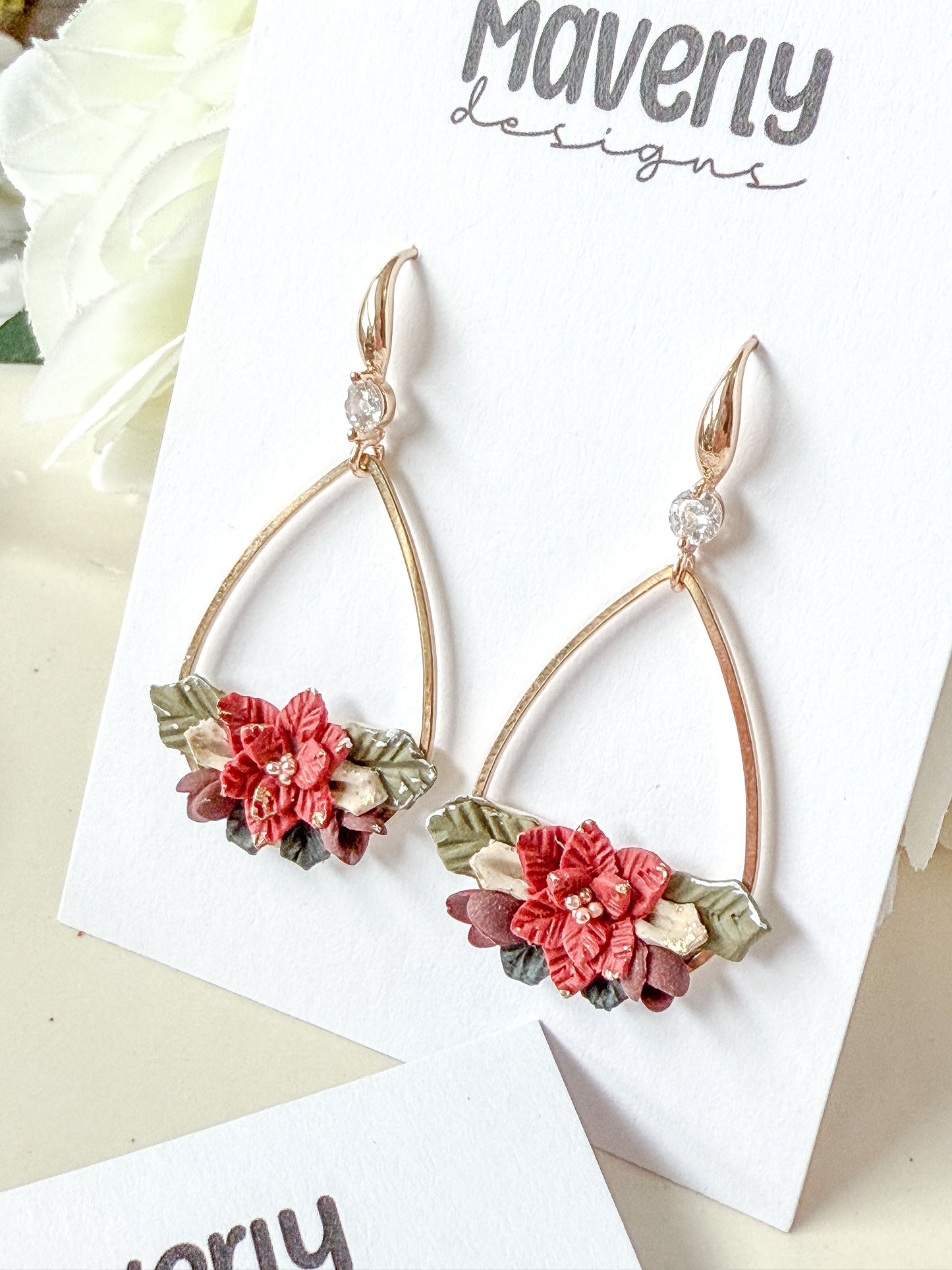 Poinsettia Teardrop Dangle Earrings - One Pair - November 2025