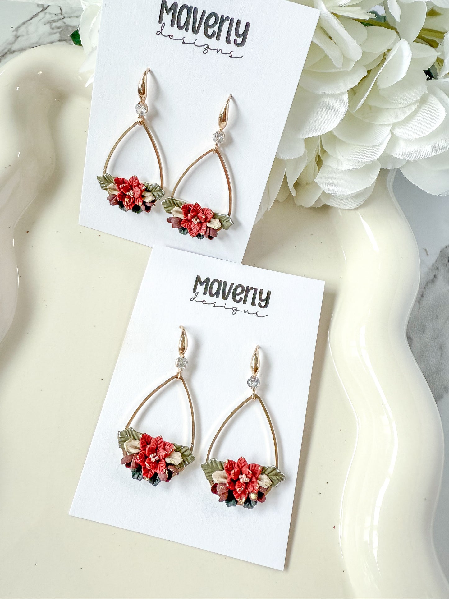 Poinsettia Teardrop Dangle Earrings - One Pair - November 2025