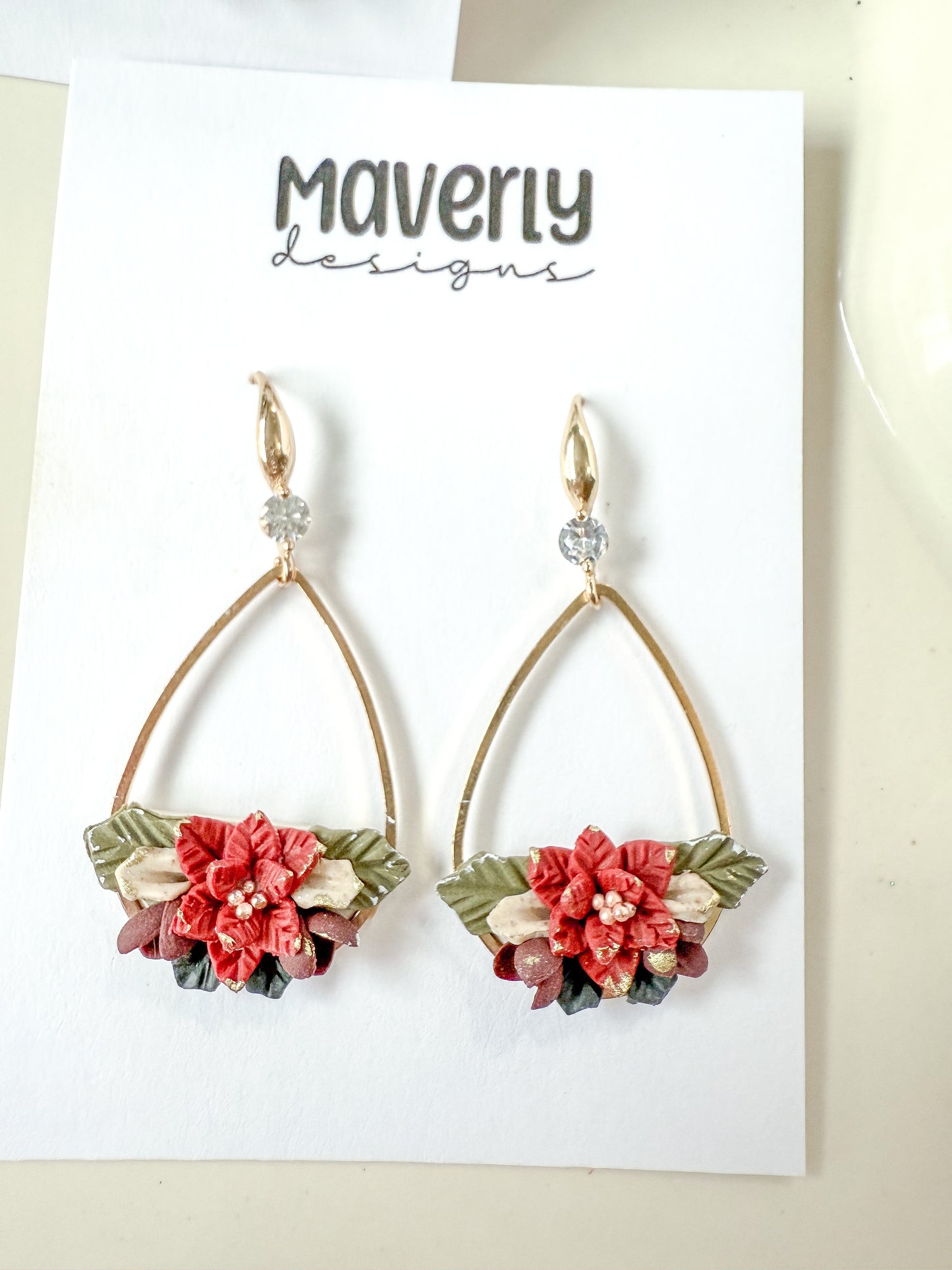 Poinsettia Teardrop Dangle Earrings - One Pair - November 2025