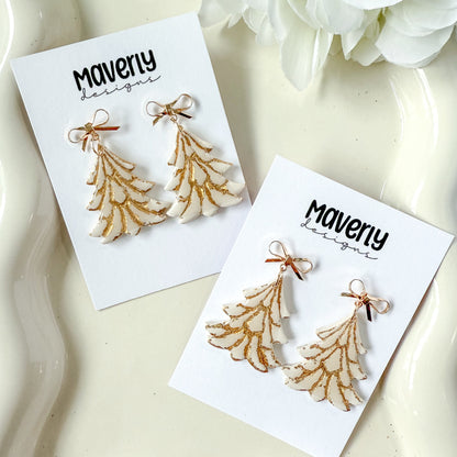 Cream and Gold Christmas Tree Dangle Earrings - One Pair - November 2025