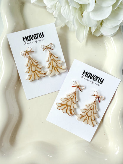 Cream and Gold Christmas Tree Dangle Earrings - One Pair - November 2025