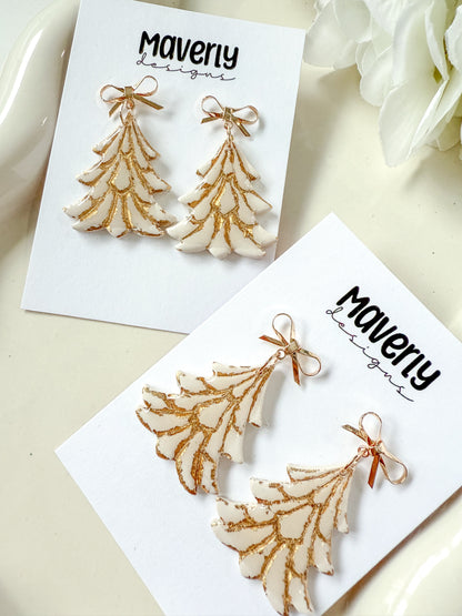 Cream and Gold Christmas Tree Dangle Earrings - One Pair - November 2025