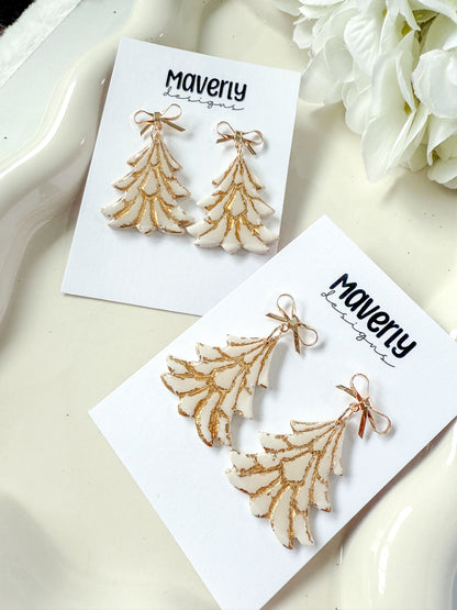 Cream and Gold Christmas Tree Dangle Earrings - One Pair - November 2025