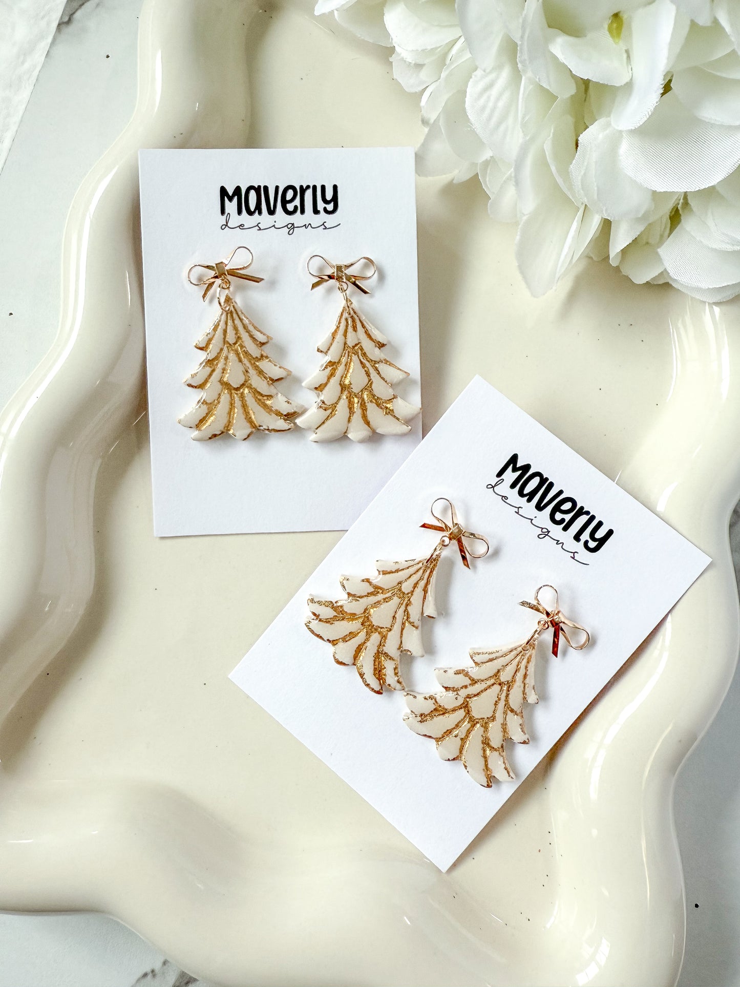 Cream and Gold Christmas Tree Dangle Earrings - One Pair - November 2025