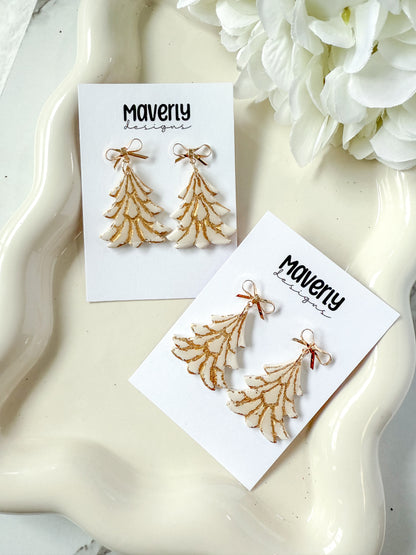 Cream and Gold Christmas Tree Dangle Earrings - One Pair - November 2025