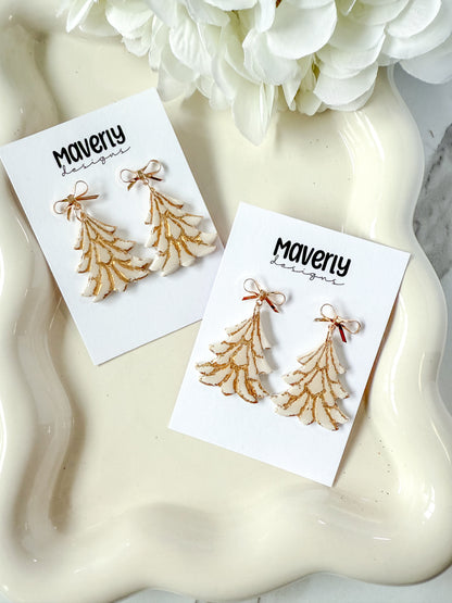 Cream and Gold Christmas Tree Dangle Earrings - One Pair - November 2025