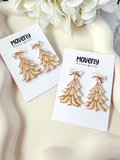 Cream and Gold Christmas Tree Dangle Earrings - One Pair - November 2025