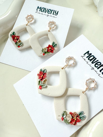Cream Christmas Floral Dangle Earrings - One Pair - November 2025