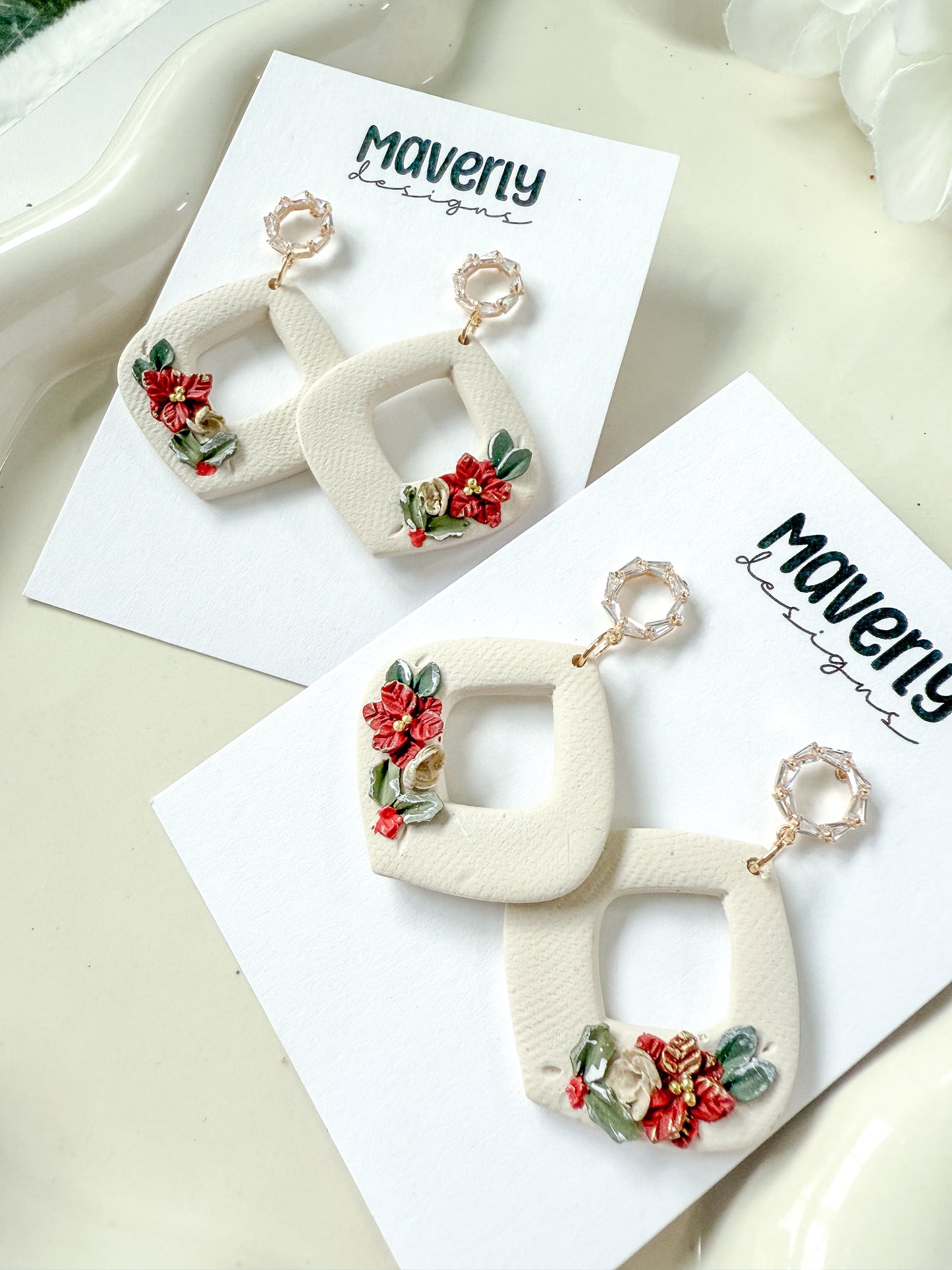 Cream Christmas Floral Dangle Earrings - One Pair - November 2025