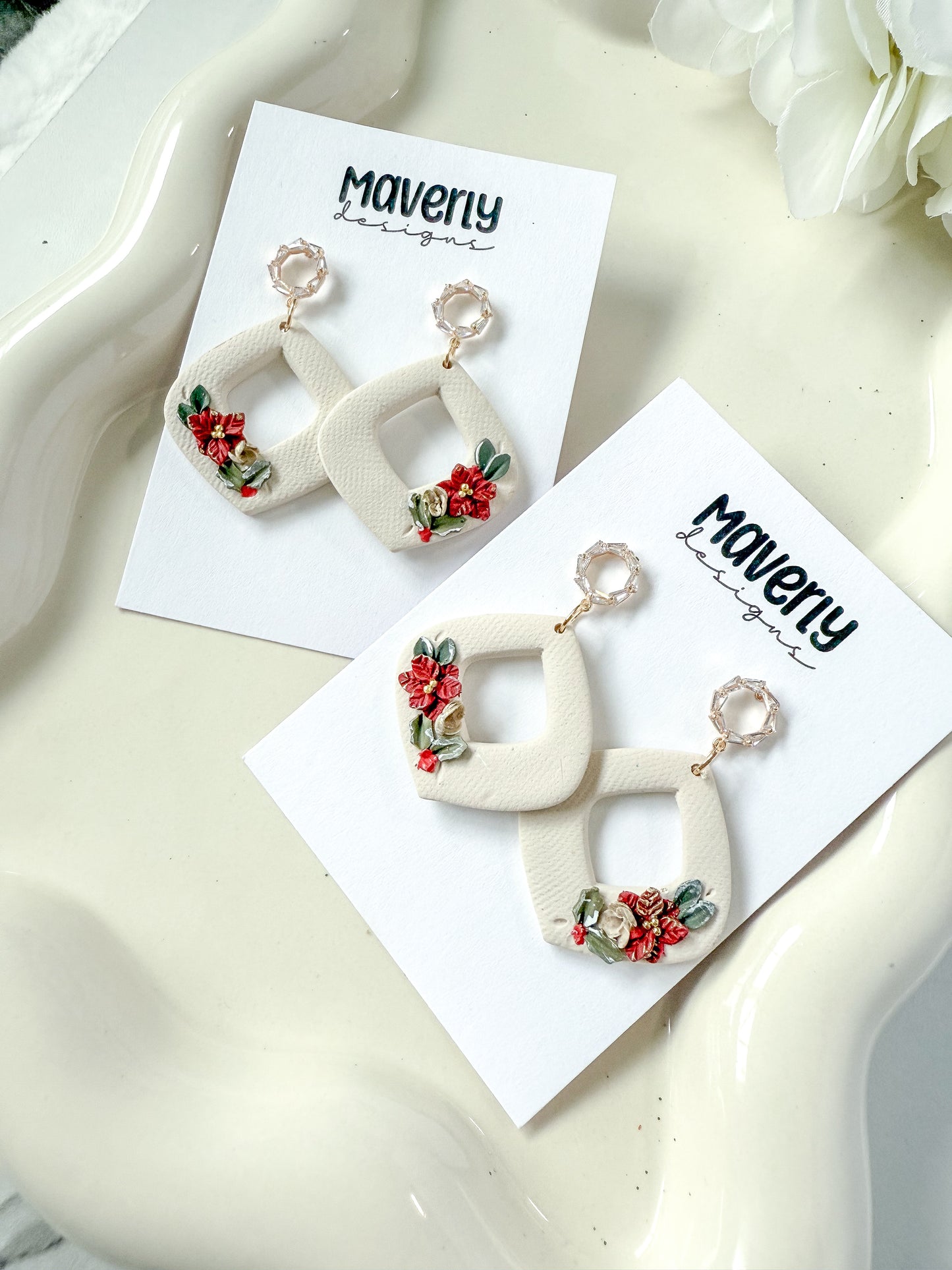 Cream Christmas Floral Dangle Earrings - One Pair - November 2025