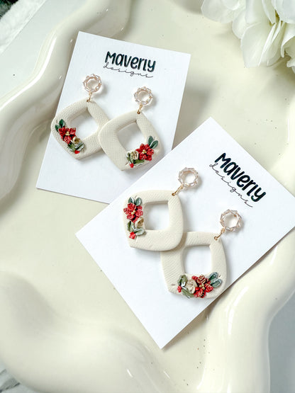 Cream Christmas Floral Dangle Earrings - One Pair - November 2025