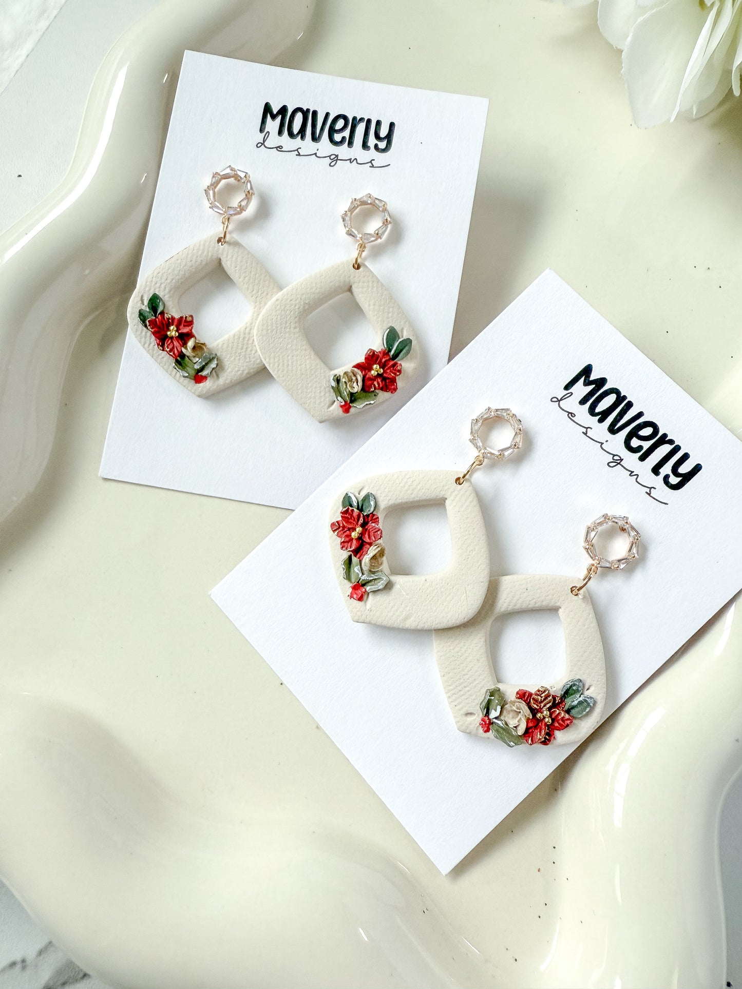 Cream Christmas Floral Dangle Earrings - One Pair - November 2025
