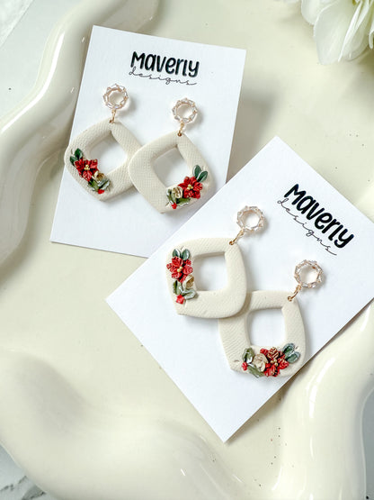 Cream Christmas Floral Dangle Earrings - One Pair - November 2025