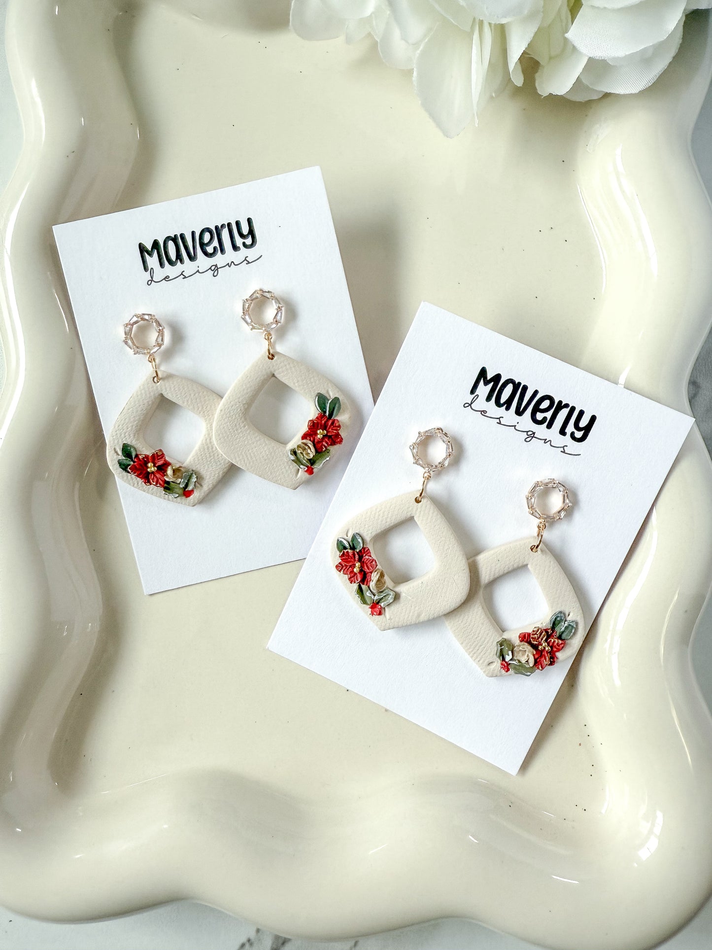 Cream Christmas Floral Dangle Earrings - One Pair - November 2025