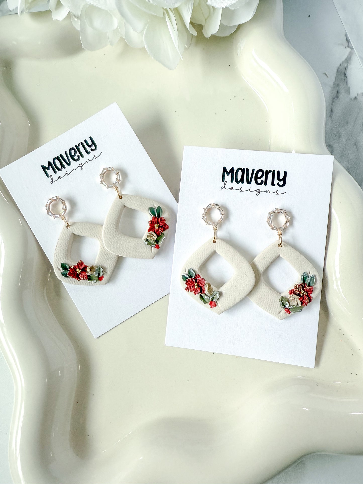 Cream Christmas Floral Dangle Earrings - One Pair - November 2025