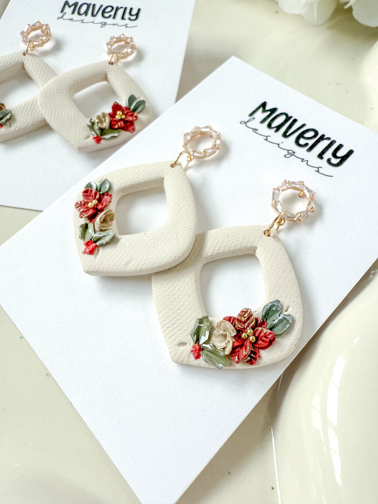 Cream Christmas Floral Dangle Earrings - One Pair - November 2025