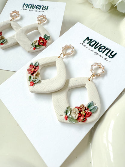 Cream Christmas Floral Dangle Earrings - One Pair - November 2025