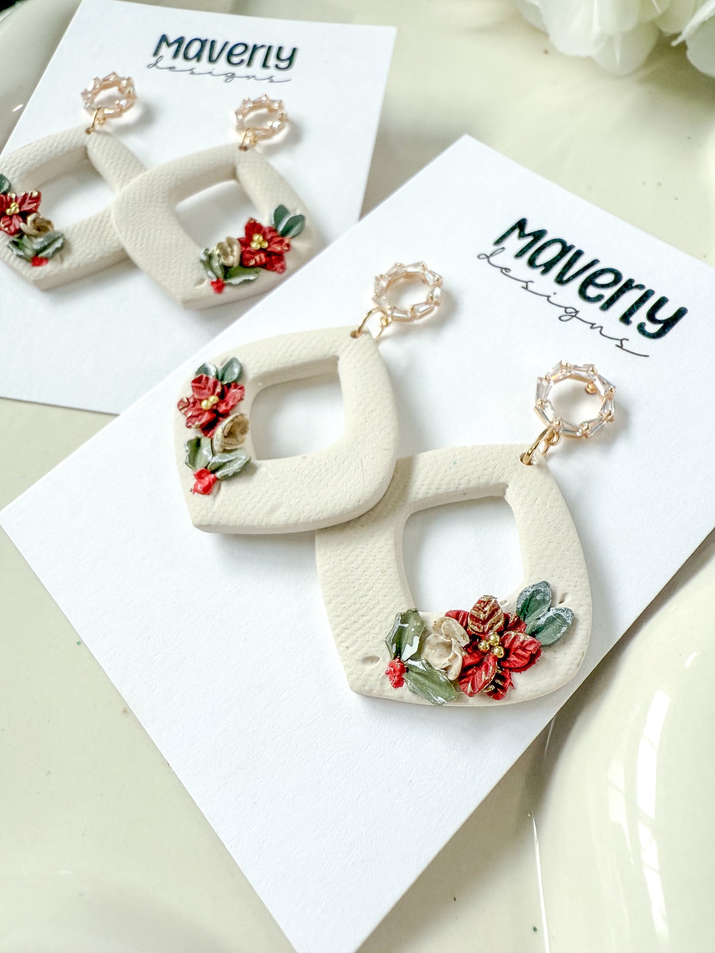 Cream Christmas Floral Dangle Earrings - One Pair - November 2025
