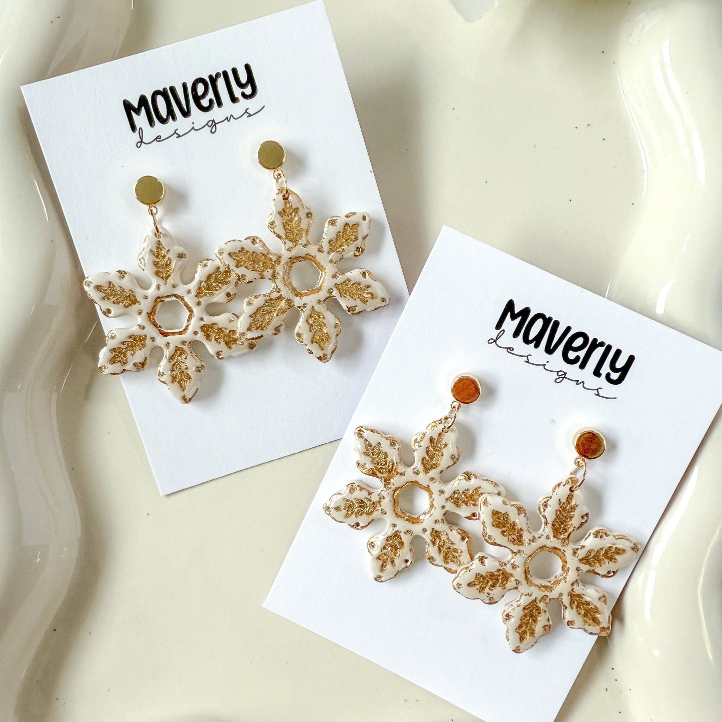 Cream & Gold Snowflake Dangle Earrings - One Pair - November 2025