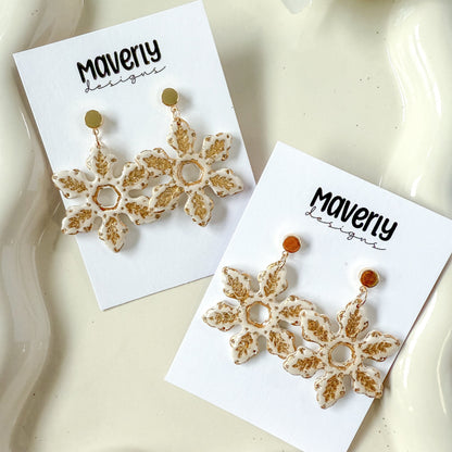 Cream & Gold Snowflake Dangle Earrings - One Pair - November 2025