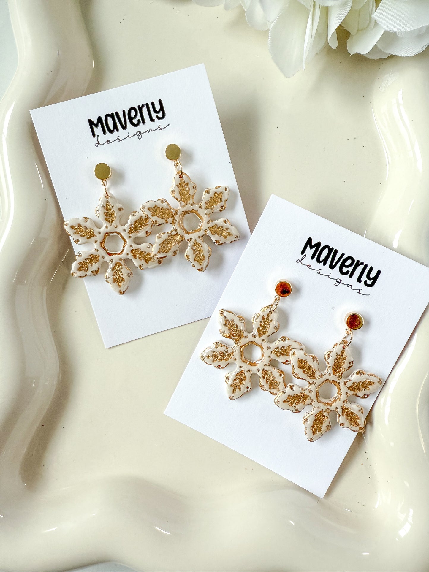 Cream & Gold Snowflake Dangle Earrings - One Pair - November 2025