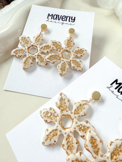 Cream & Gold Snowflake Dangle Earrings - One Pair - November 2025