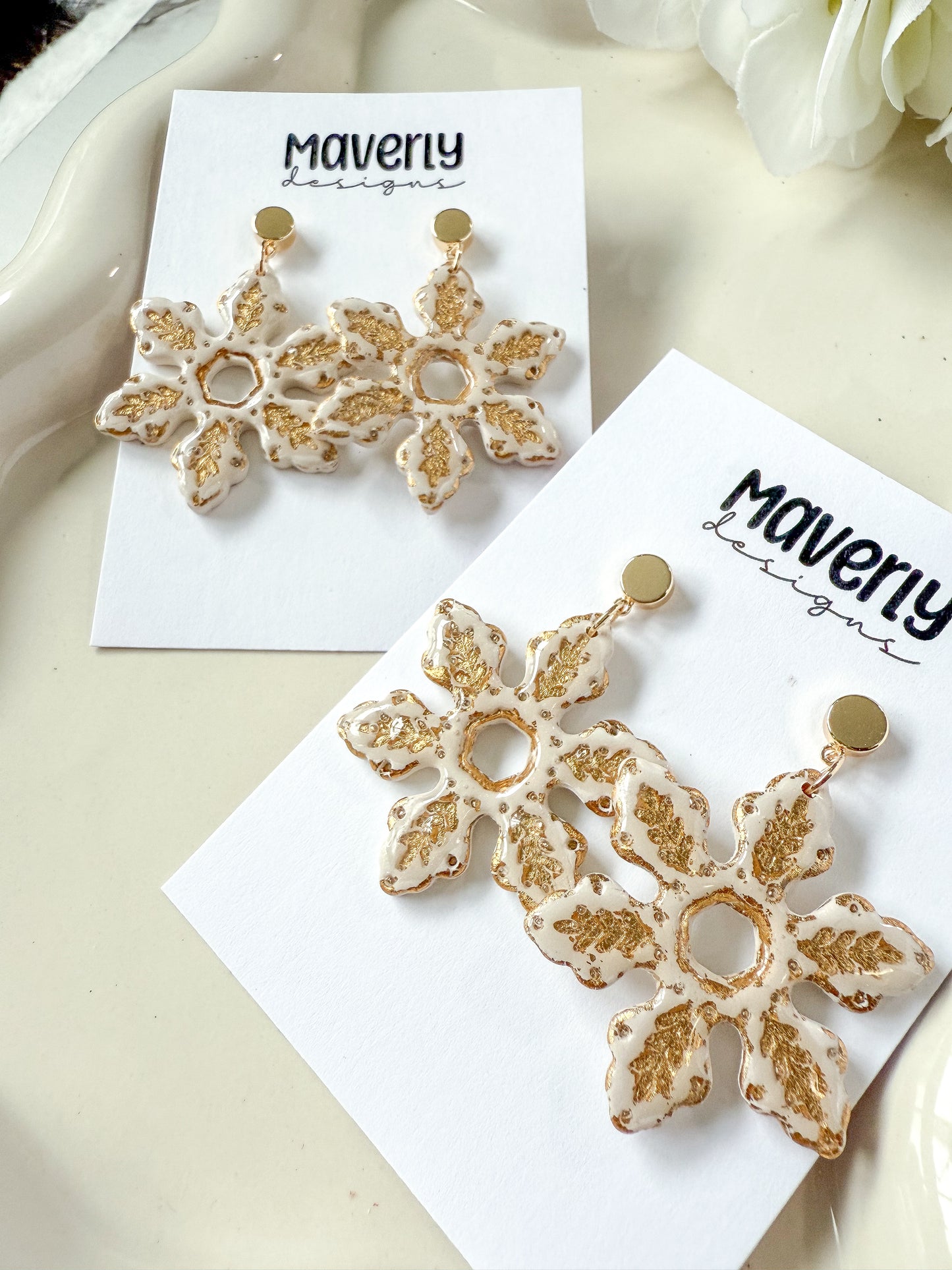 Cream & Gold Snowflake Dangle Earrings - One Pair - November 2025