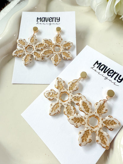 Cream & Gold Snowflake Dangle Earrings - One Pair - November 2025