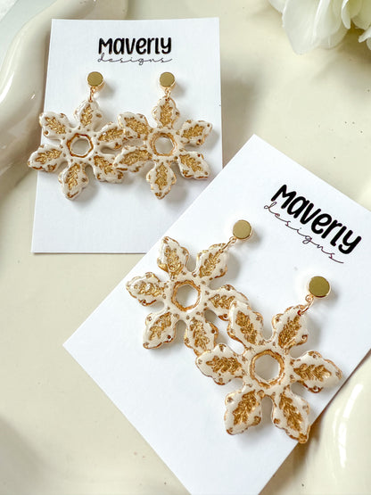 Cream & Gold Snowflake Dangle Earrings - One Pair - November 2025