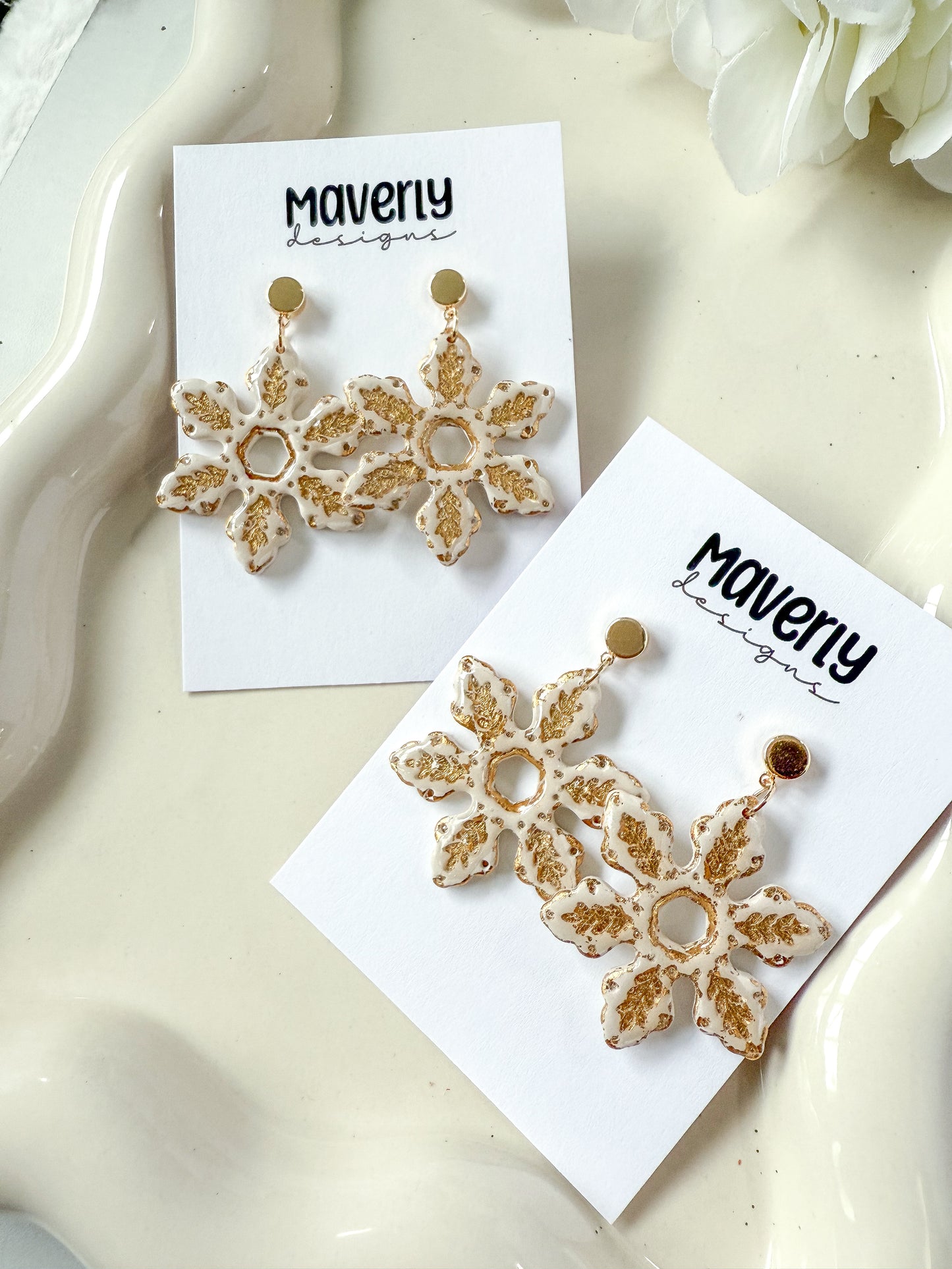 Cream & Gold Snowflake Dangle Earrings - One Pair - November 2025