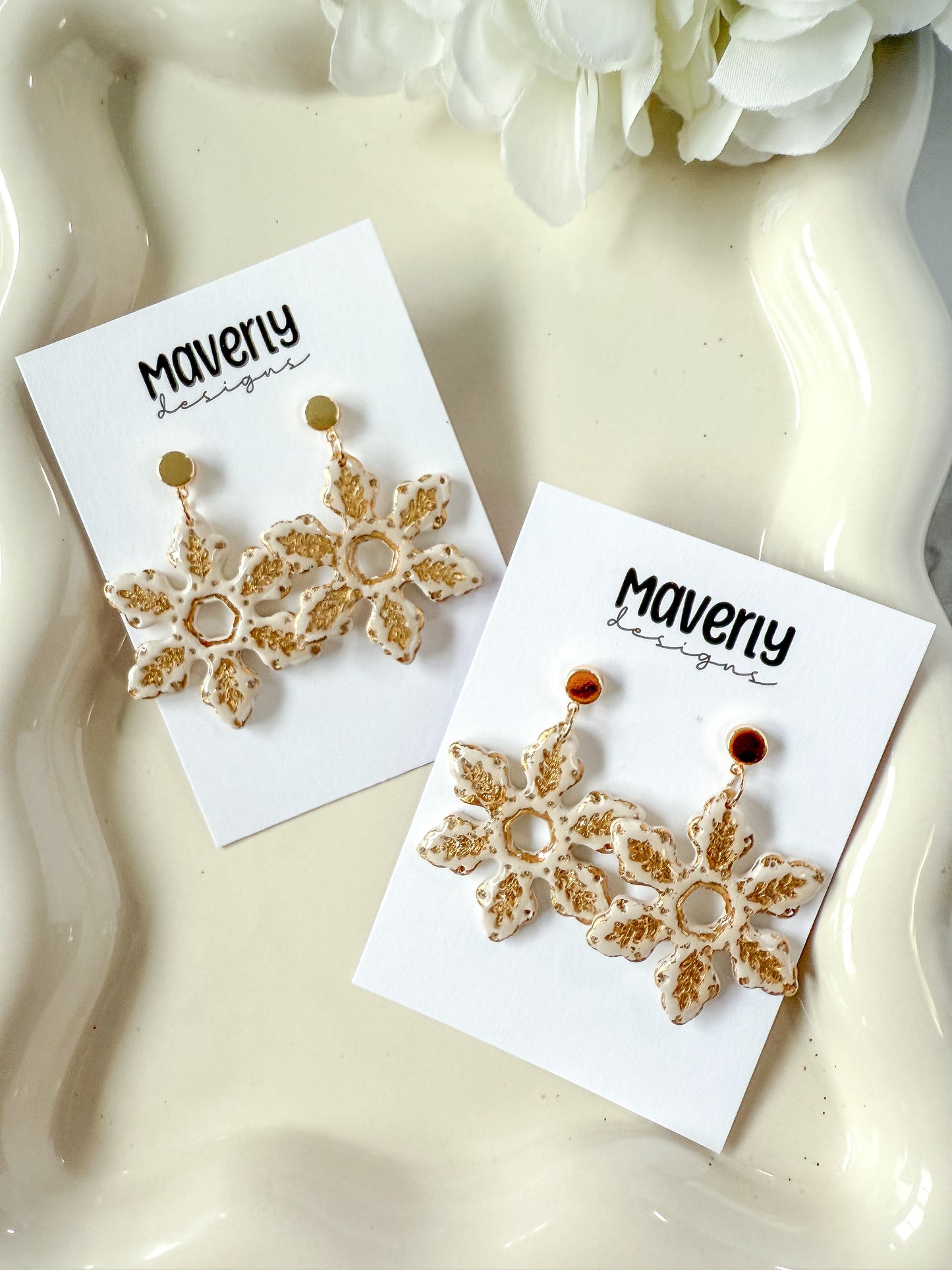 Cream & Gold Snowflake Dangle Earrings - One Pair - November 2025