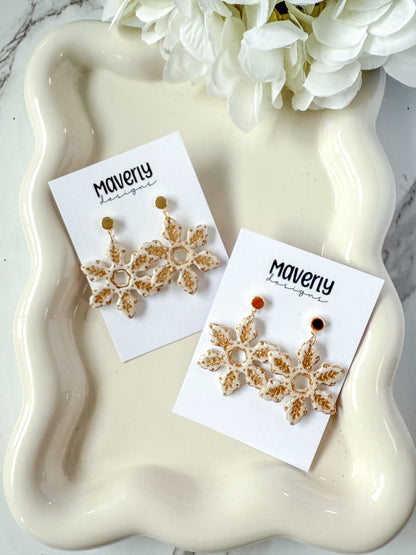 Cream & Gold Snowflake Dangle Earrings - One Pair - November 2025