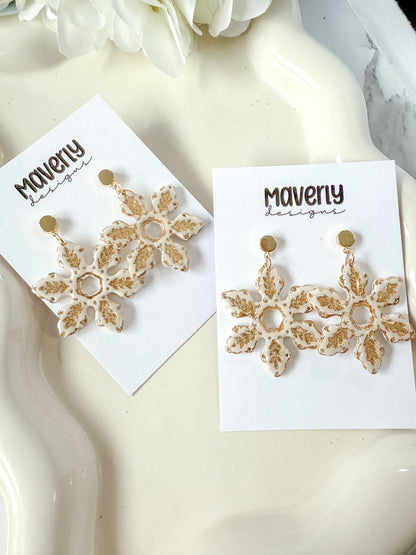 Cream & Gold Snowflake Dangle Earrings - One Pair - November 2025