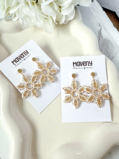 Cream & Gold Snowflake Dangle Earrings - One Pair - November 2025