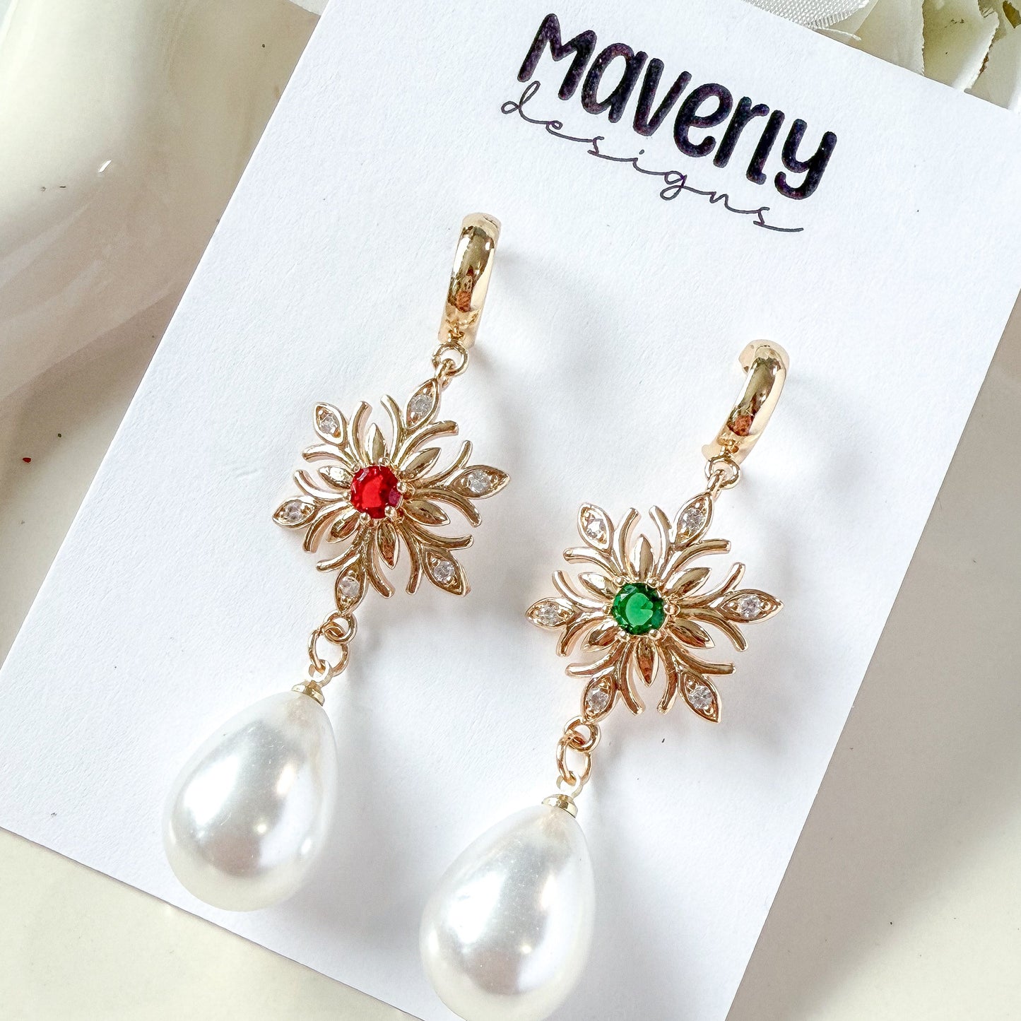 Snowflake Green/Red with Pearl- One Pair - November 2025