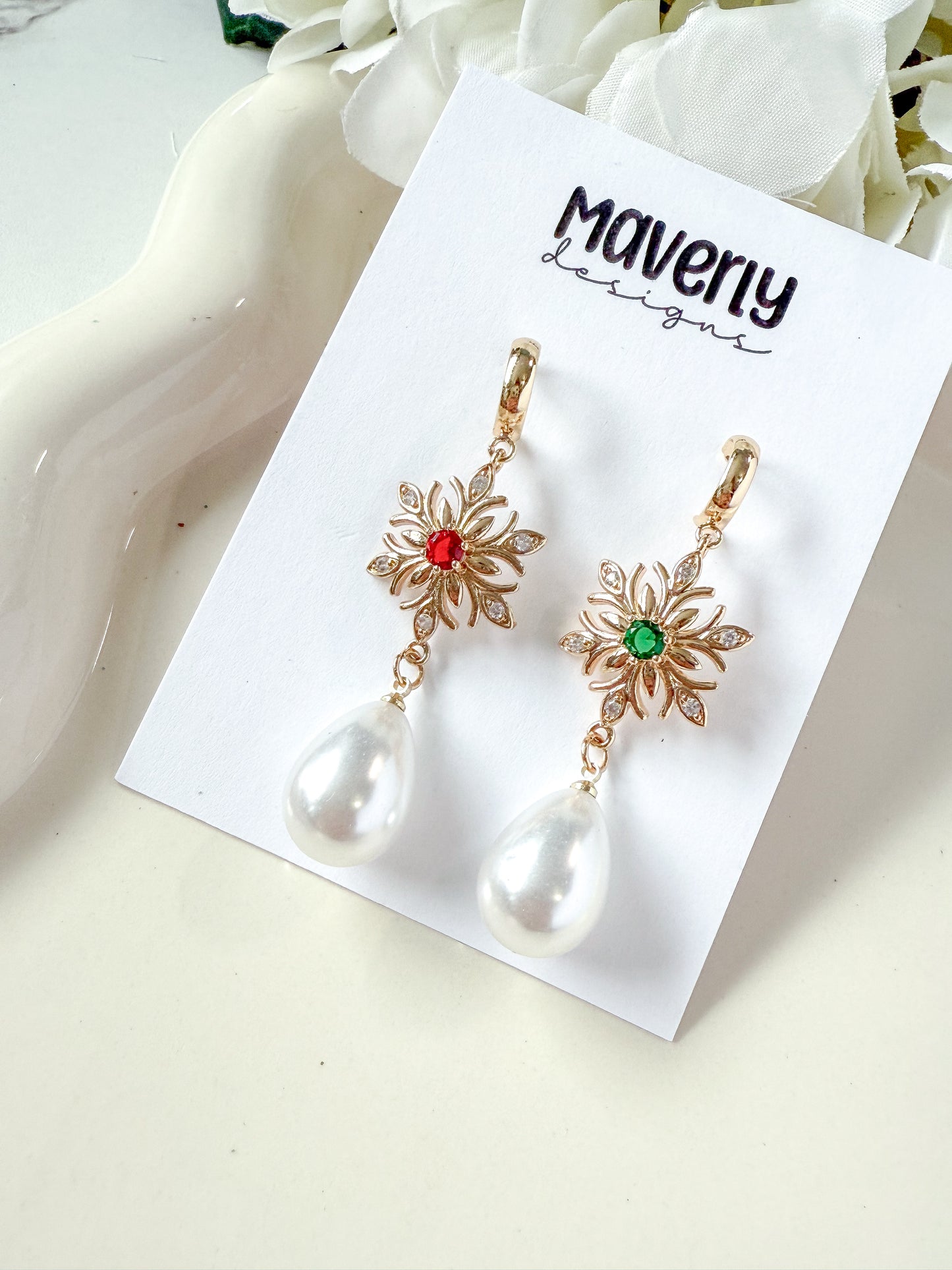 Snowflake Green/Red with Pearl- One Pair - November 2025