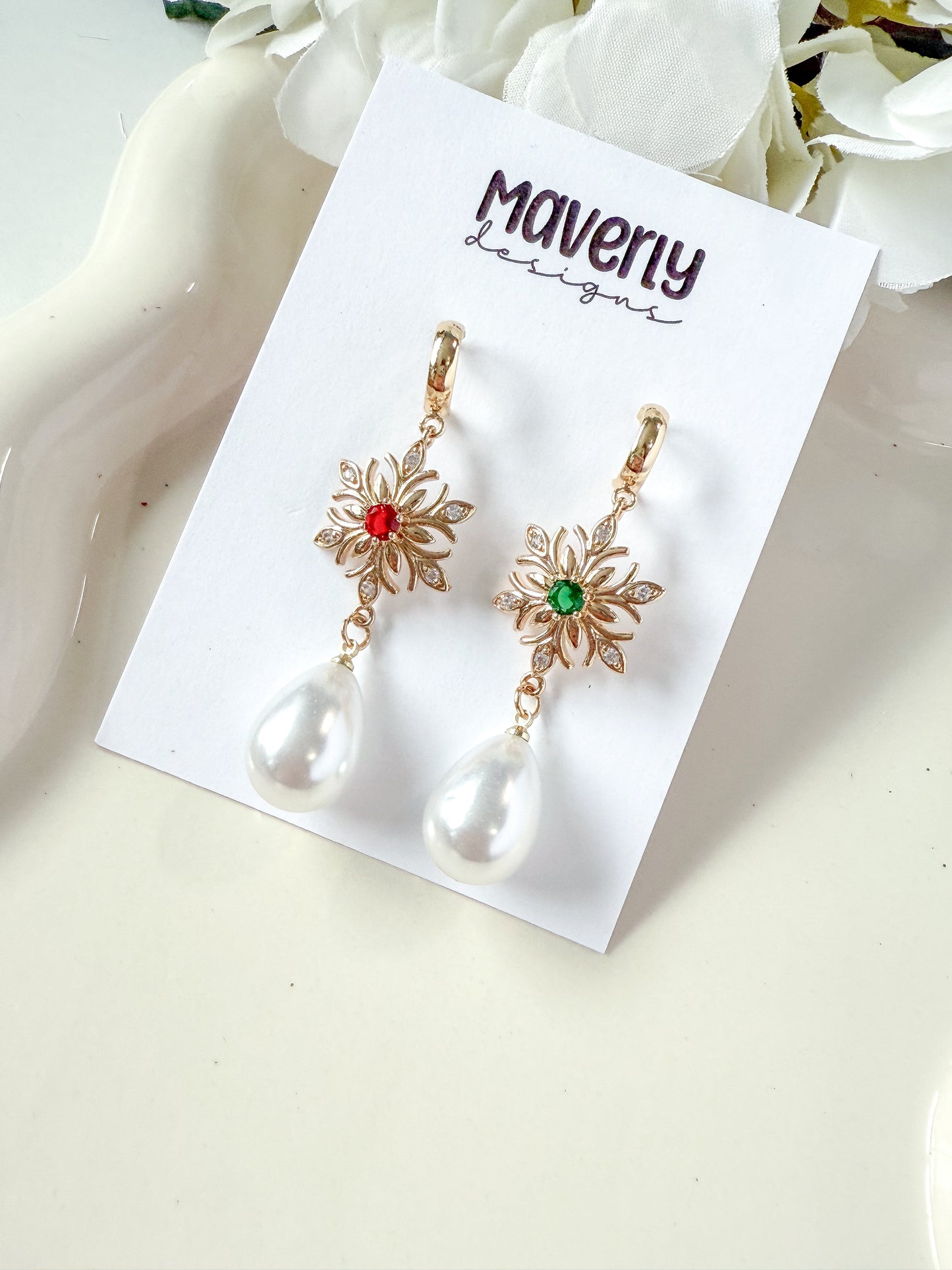 Snowflake Green/Red with Pearl- One Pair - November 2025